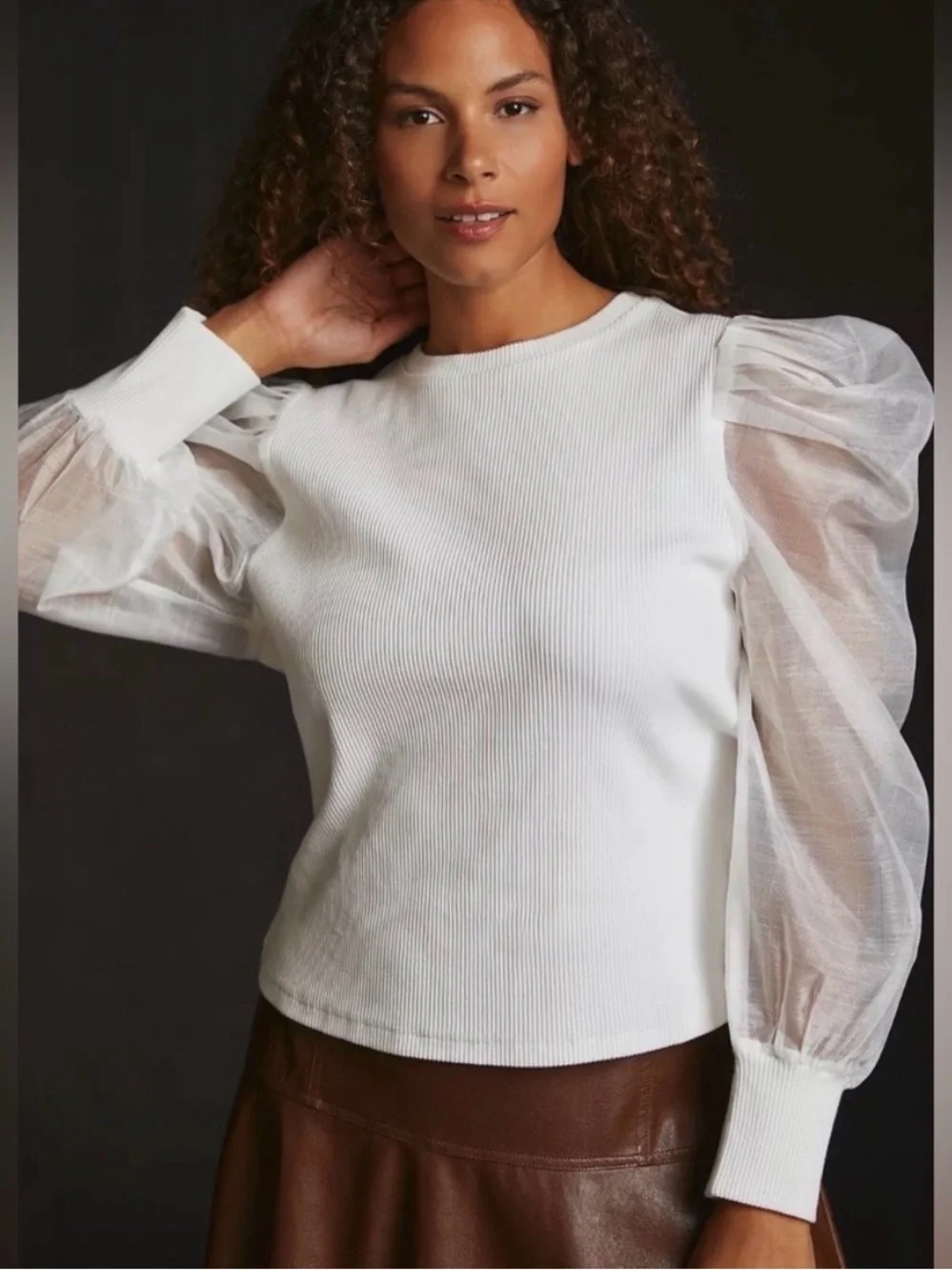 Anthropologie Dolan White Organza Puff-Sleeve Ribbed Top